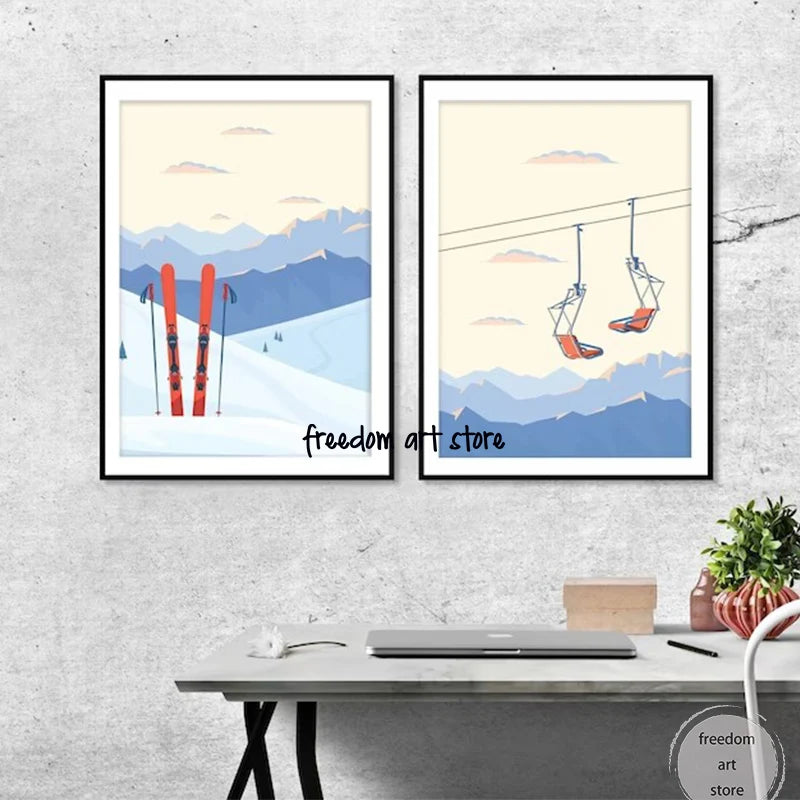 Affiche vintage ski et télésiège 